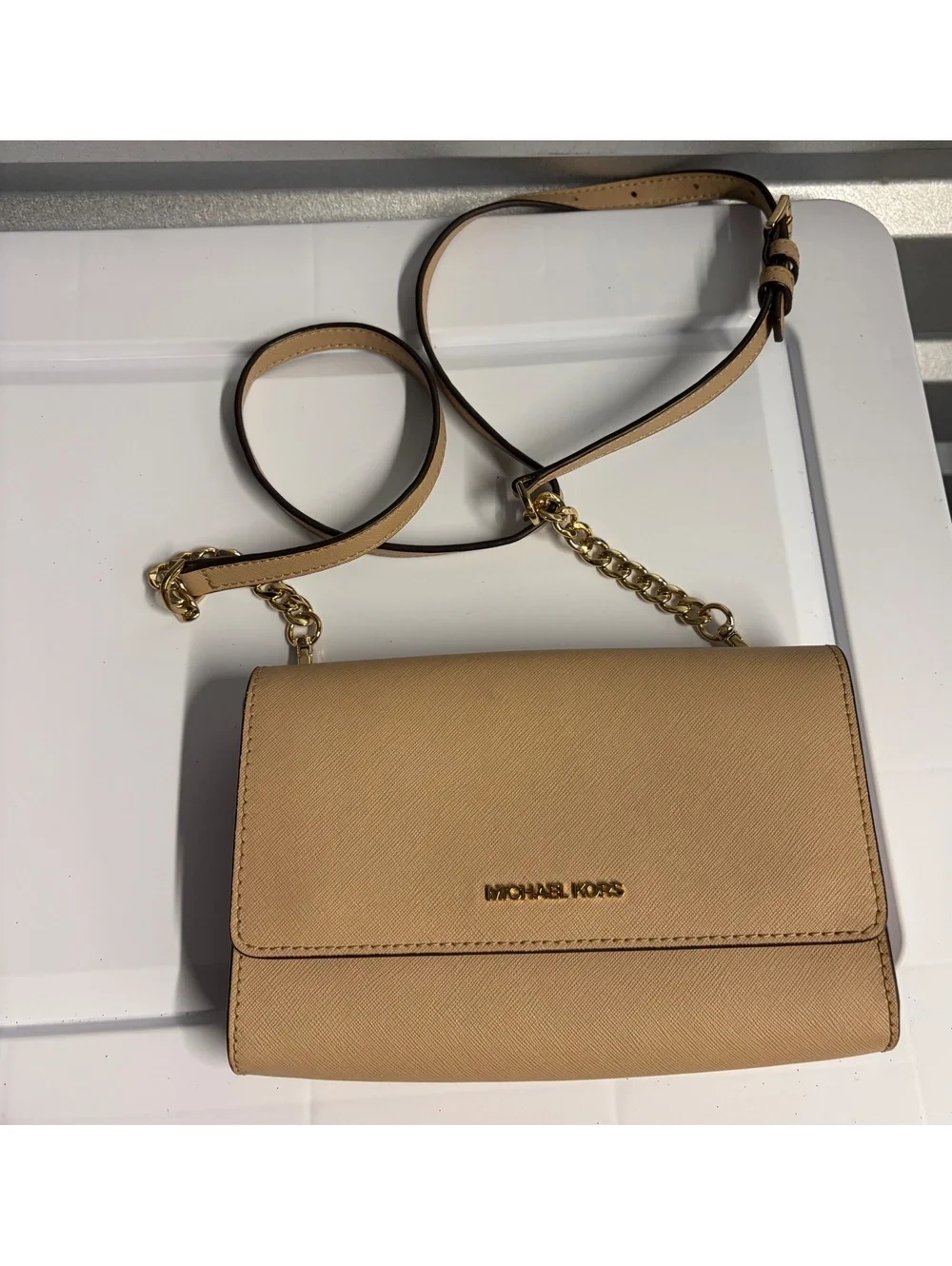 Michael Kors Beige Leather Crossbody Bag with Gold Chain Strap